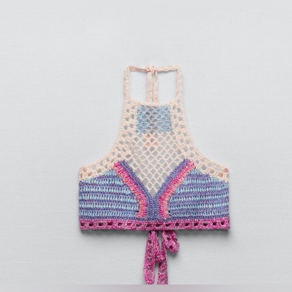 ZARA|Boho crotchet two piece bikini set in floral neutral tan & colorful top,NWT - Picture 4 of 16